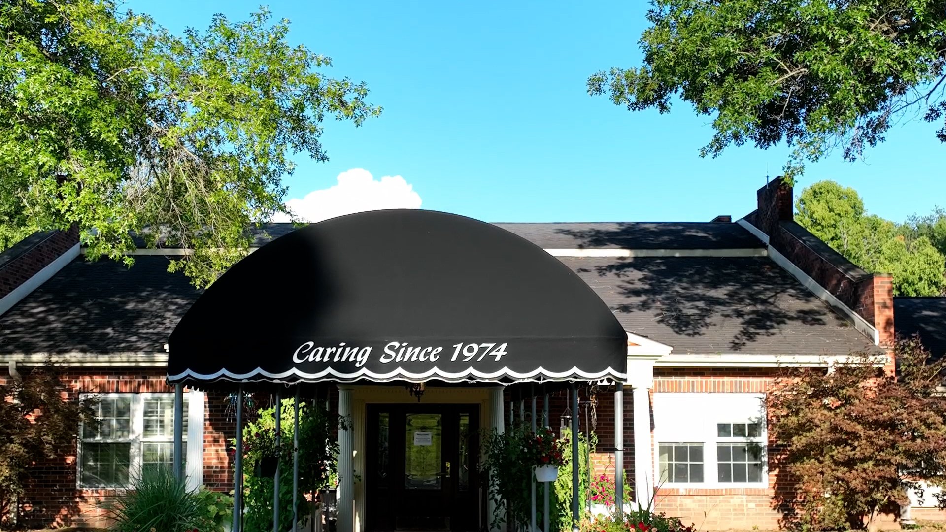 a black awning on a building